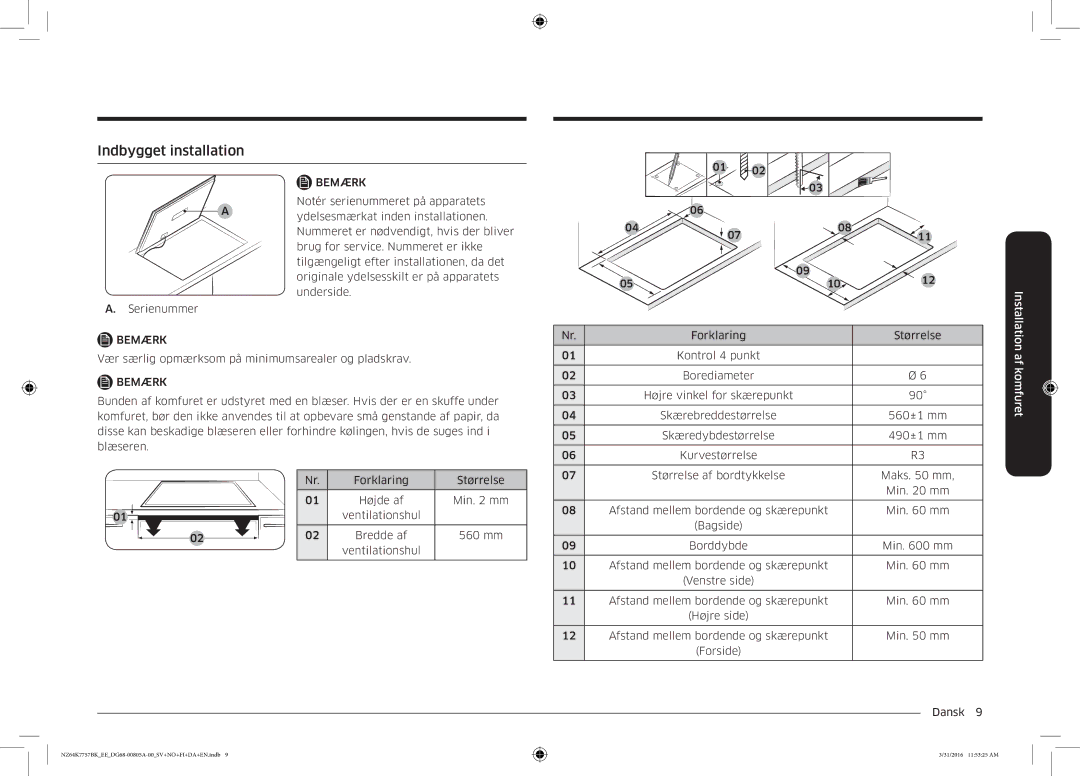 Samsung NZ64K7757BK/EE manual Indbygget installation, Af komfuret 