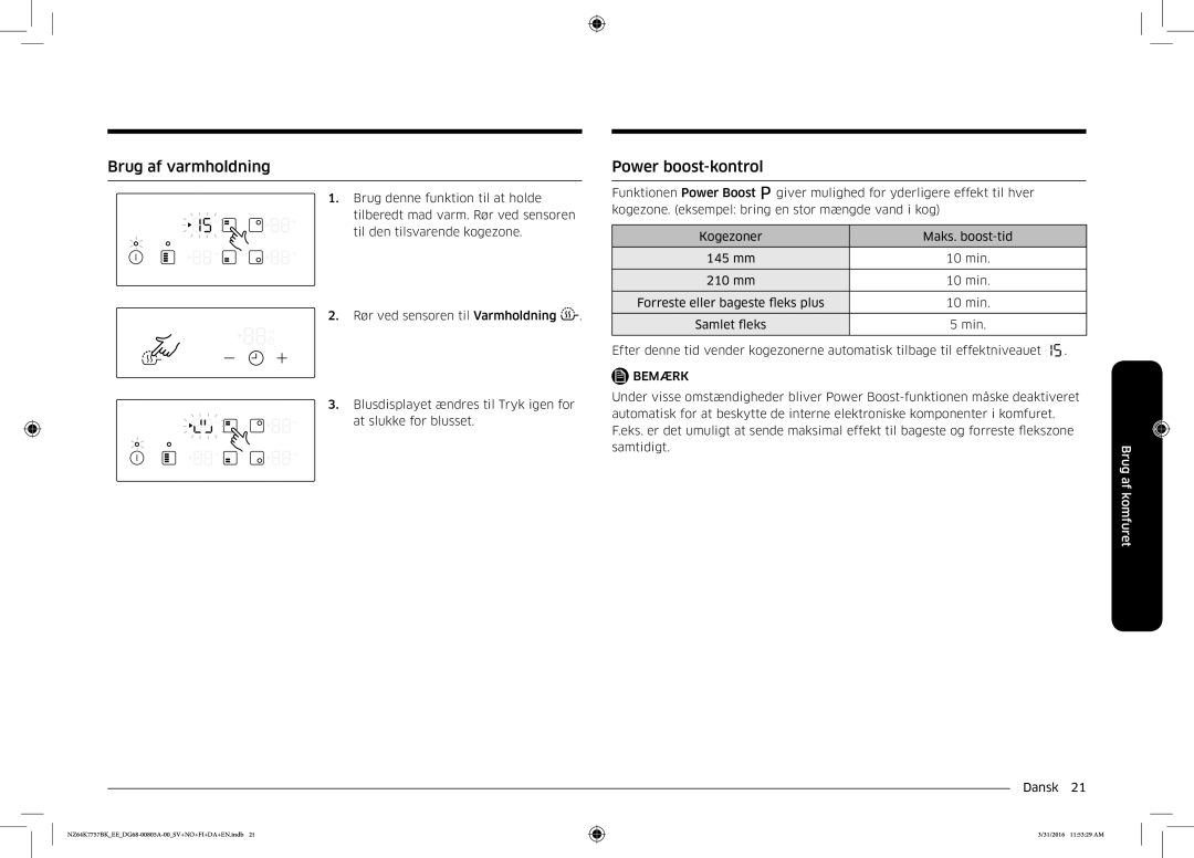 Samsung NZ64K7757BK/EE manual Brug af varmholdning, Power boost-kontrol 