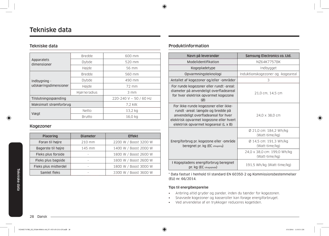 Samsung NZ64K7757BK/EE manual Tekniske data 