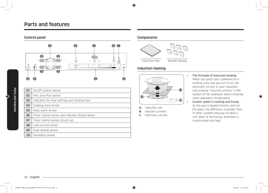 Samsung NZ64K7757BK/EE manual Control panel Components, Induction heating 