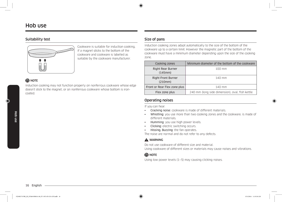 Samsung NZ64K7757BK/EE manual Suitability test, Size of pans, Operating noises 