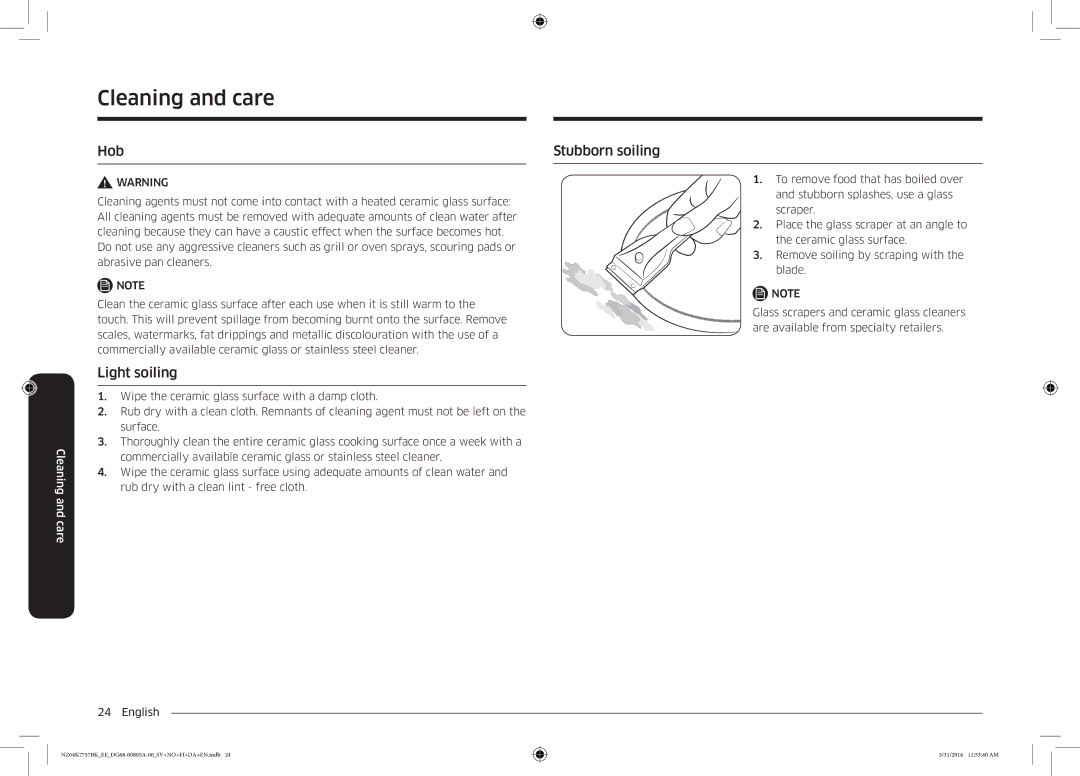 Samsung NZ64K7757BK/EE manual Cleaning and care, Hob Stubborn soiling, Light soiling 