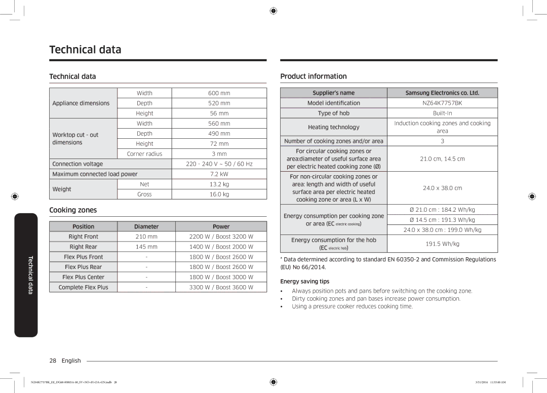 Samsung NZ64K7757BK/EE manual Technical data, Product information 