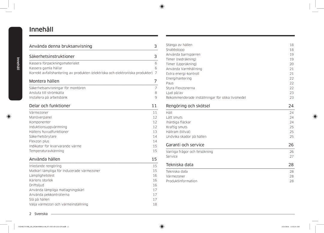 Samsung NZ64K7757BK/EE manual Innehåll 