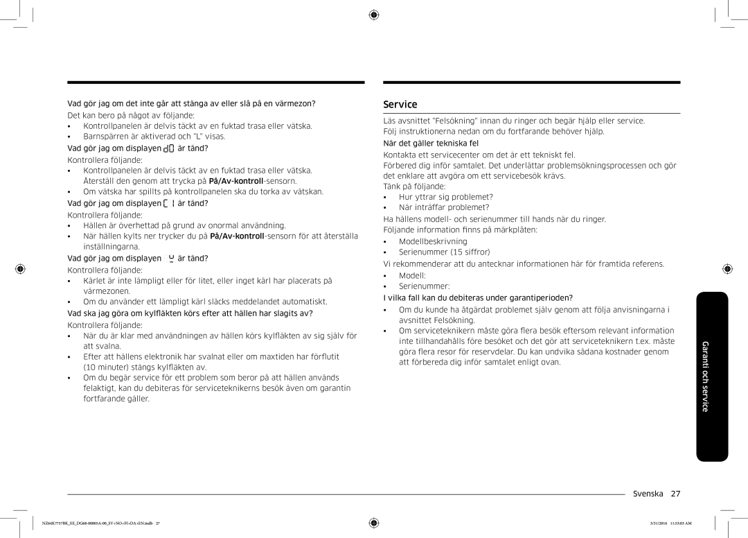 Samsung NZ64K7757BK/EE manual Service 