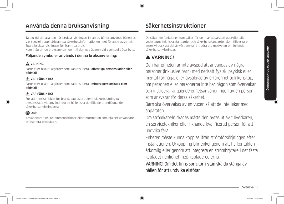 Samsung NZ64K7757BK/EE manual Använda denna bruksanvisning, Säkerhetsinstruktioner 