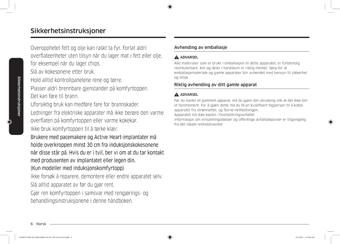 Samsung NZ64K7757BK/EE manual Avhending av emballasje, Riktig avhending av ditt gamle apparat 