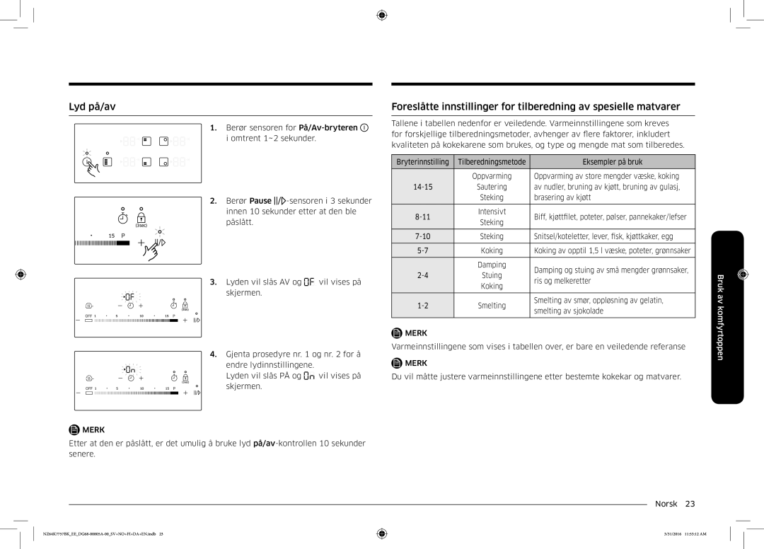 Samsung NZ64K7757BK/EE manual Lyd på/av, Snitsel/koteletter, lever, fisk, kjøttkaker, egg 