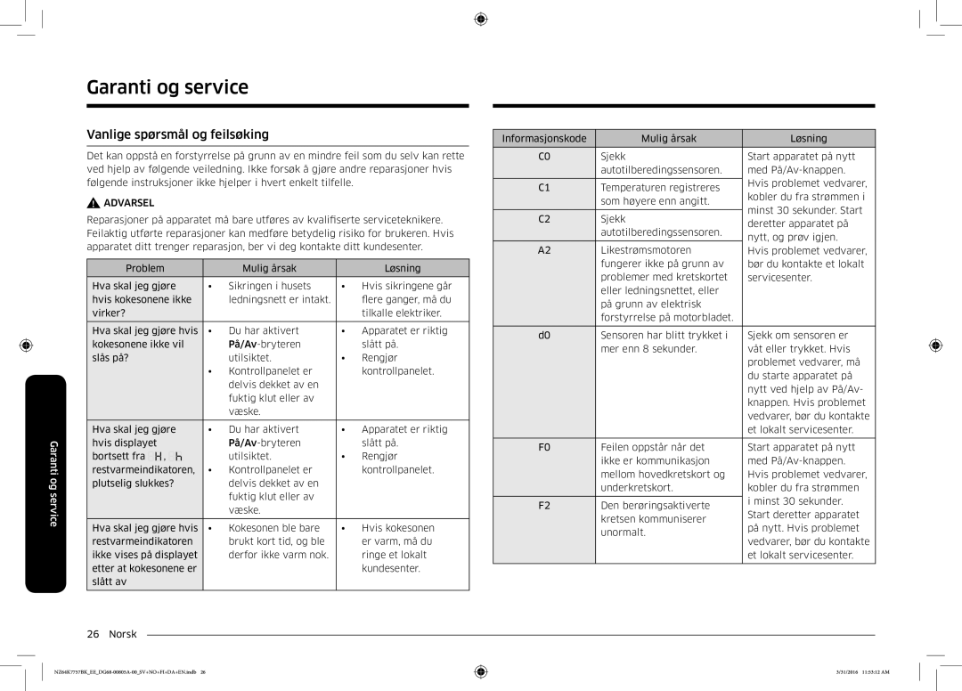 Samsung NZ64K7757BK/EE manual Garanti og service, Vanlige spørsmål og feilsøking 