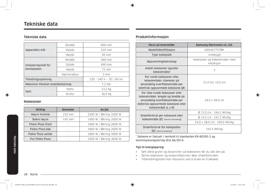 Samsung NZ64K7757BK/EE manual Tekniske data, Produktinformasjon 