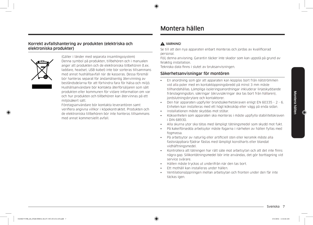 Samsung NZ64K7757BK/EE manual Montera hällen, Säkerhetsanvisningar för montören 