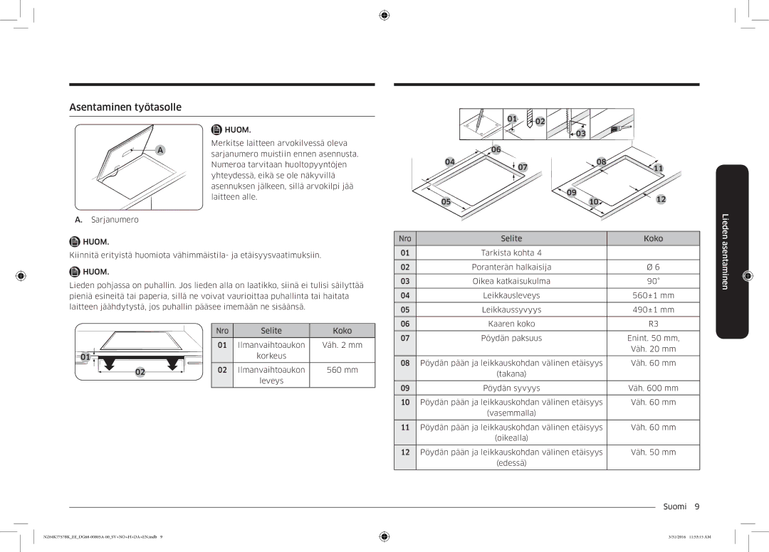 Samsung NZ64K7757BK/EE manual Asentaminen työtasolle 