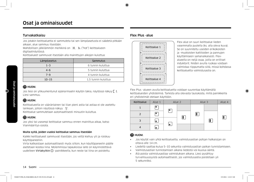 Samsung NZ64K7757BK/EE manual Turvakatkaisu Flex Plus -alue 