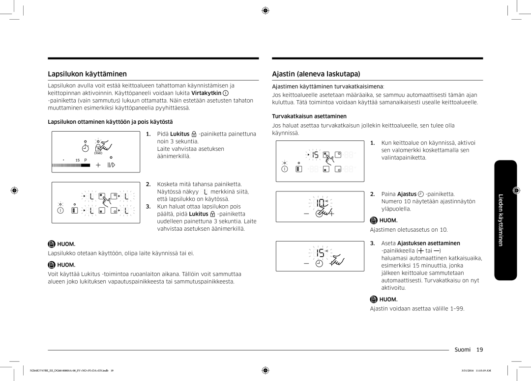 Samsung NZ64K7757BK/EE manual Lapsilukon käyttäminen, Ajastin aleneva laskutapa 