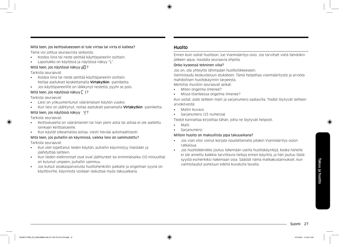 Samsung NZ64K7757BK/EE manual Huolto 