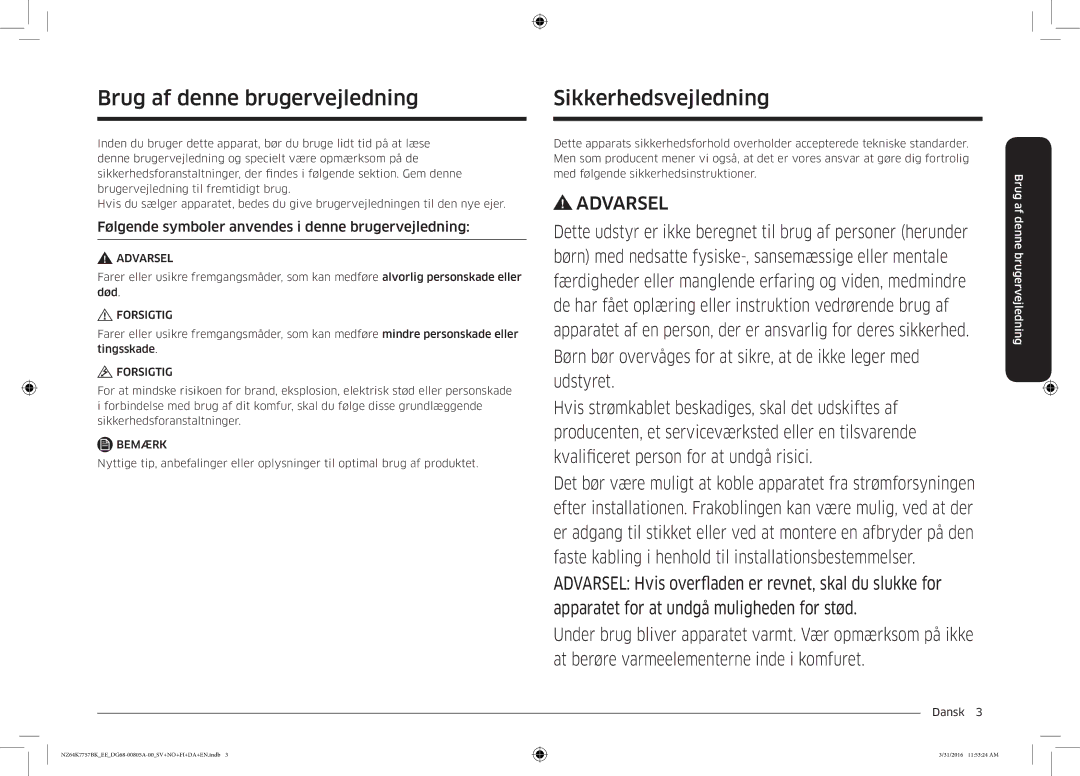 Samsung NZ64K7757BK/EE manual Brug af denne brugervejledning, Sikkerhedsvejledning 