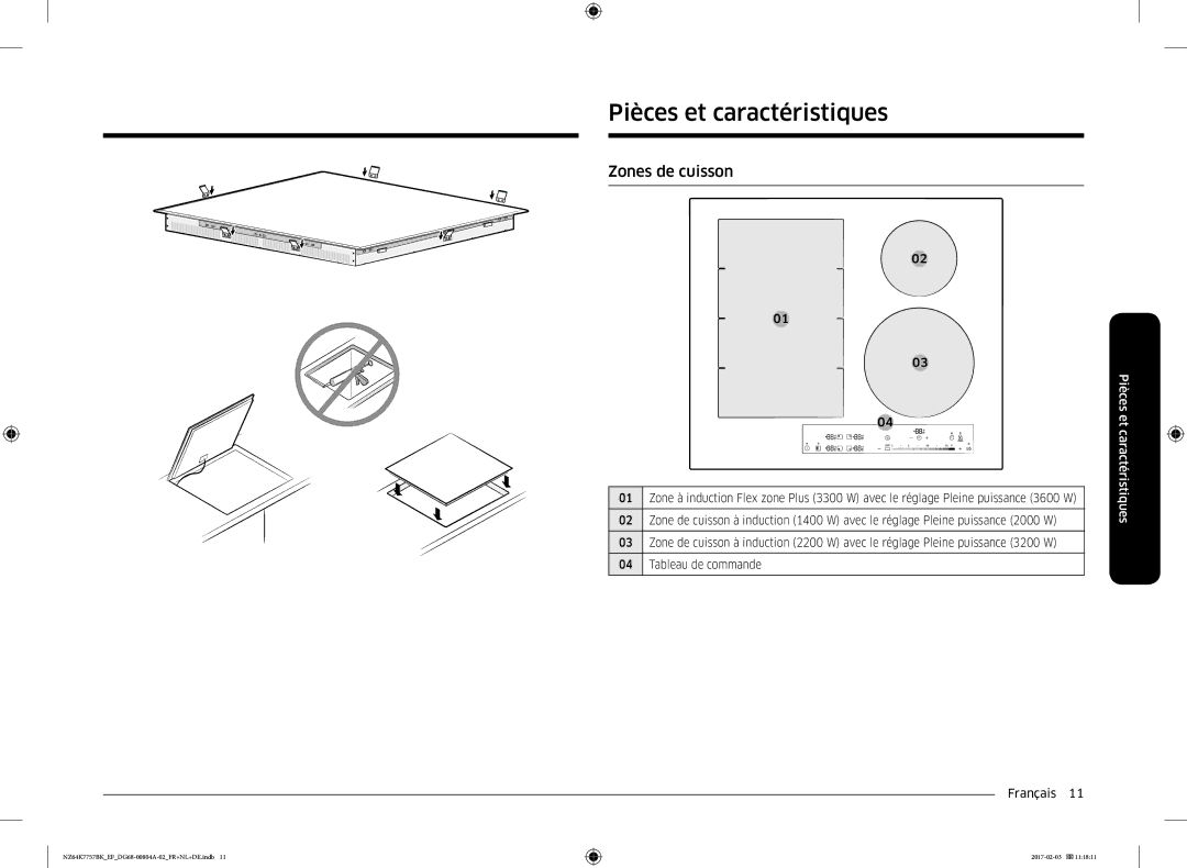 Samsung NZ64K7757BK/EF, NZ64K7757BK/EG manual Pièces et caractéristiques, Zones de cuisson 