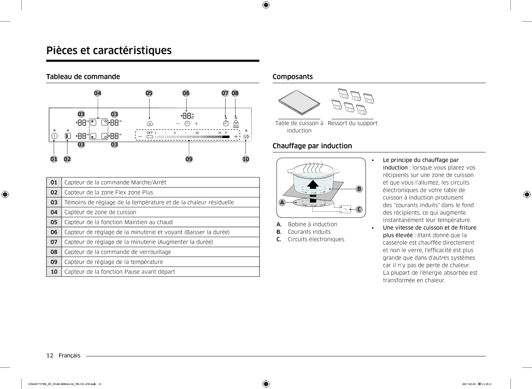 Samsung NZ64K7757BK/EG, NZ64K7757BK/EF manual Tableau de commande, Composants, Chauffage par induction 