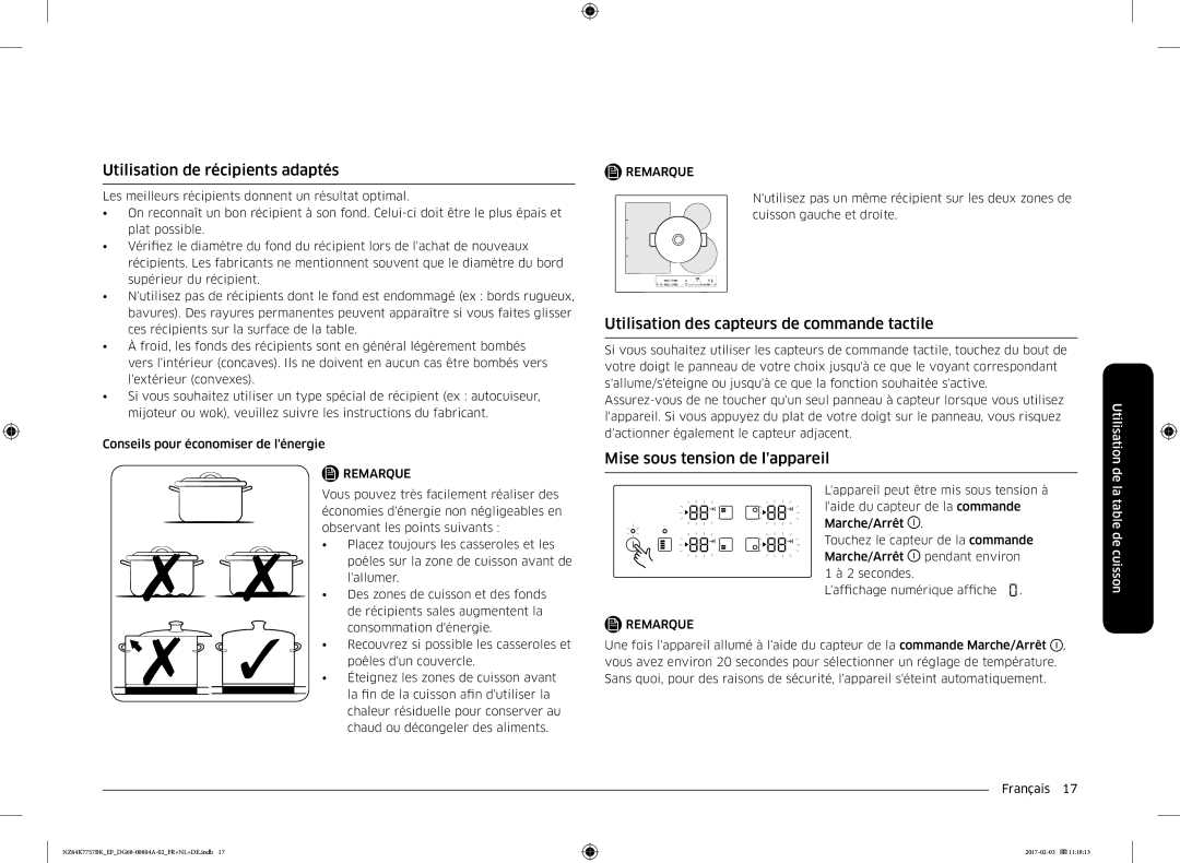 Samsung NZ64K7757BK/EF, NZ64K7757BK/EG Utilisation de récipients adaptés, Utilisation des capteurs de commande tactile 