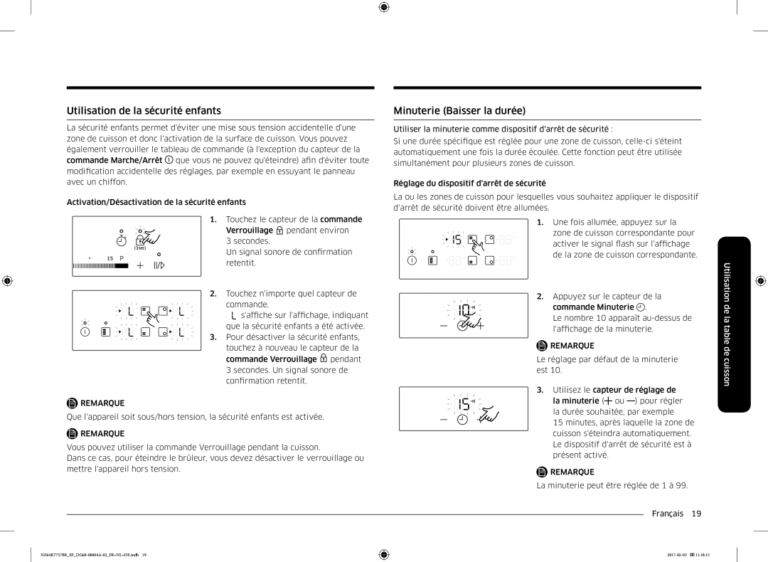 Samsung NZ64K7757BK/EF, NZ64K7757BK/EG manual Utilisation de la sécurité enfants, Minuterie Baisser la durée 