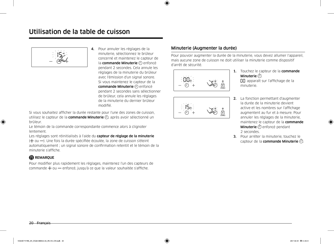 Samsung NZ64K7757BK/EG, NZ64K7757BK/EF manual Minuterie Augmenter la durée 