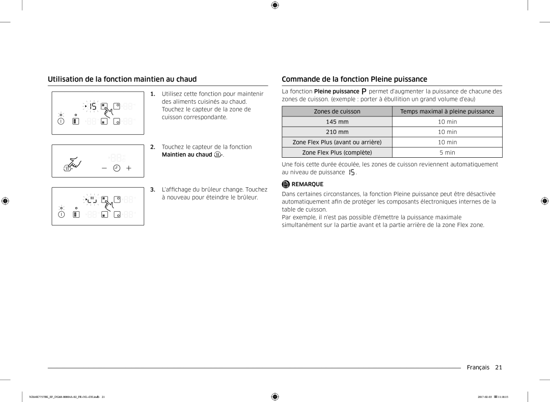 Samsung NZ64K7757BK/EF manual Utilisation de la fonction maintien au chaud, Commande de la fonction Pleine puissance 