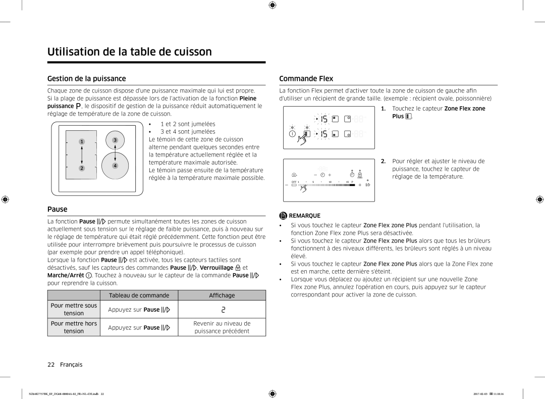 Samsung NZ64K7757BK/EG, NZ64K7757BK/EF manual Gestion de la puissance, Commande Flex, Pause 