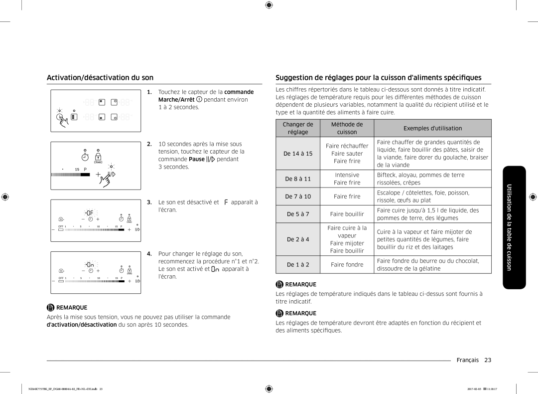 Samsung NZ64K7757BK/EF manual Activation/désactivation du son, Suggestion de réglages pour la cuisson daliments spécifiques 