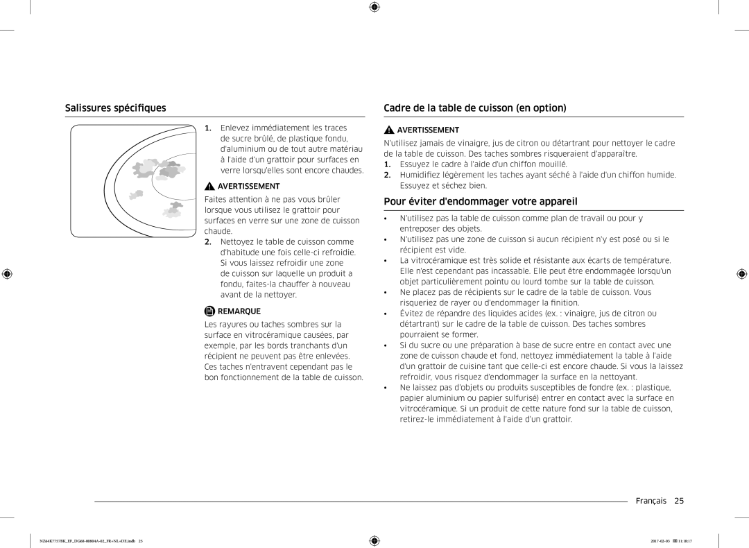 Samsung NZ64K7757BK/EF, NZ64K7757BK/EG manual Salissures spécifiques, Cadre de la table de cuisson en option 