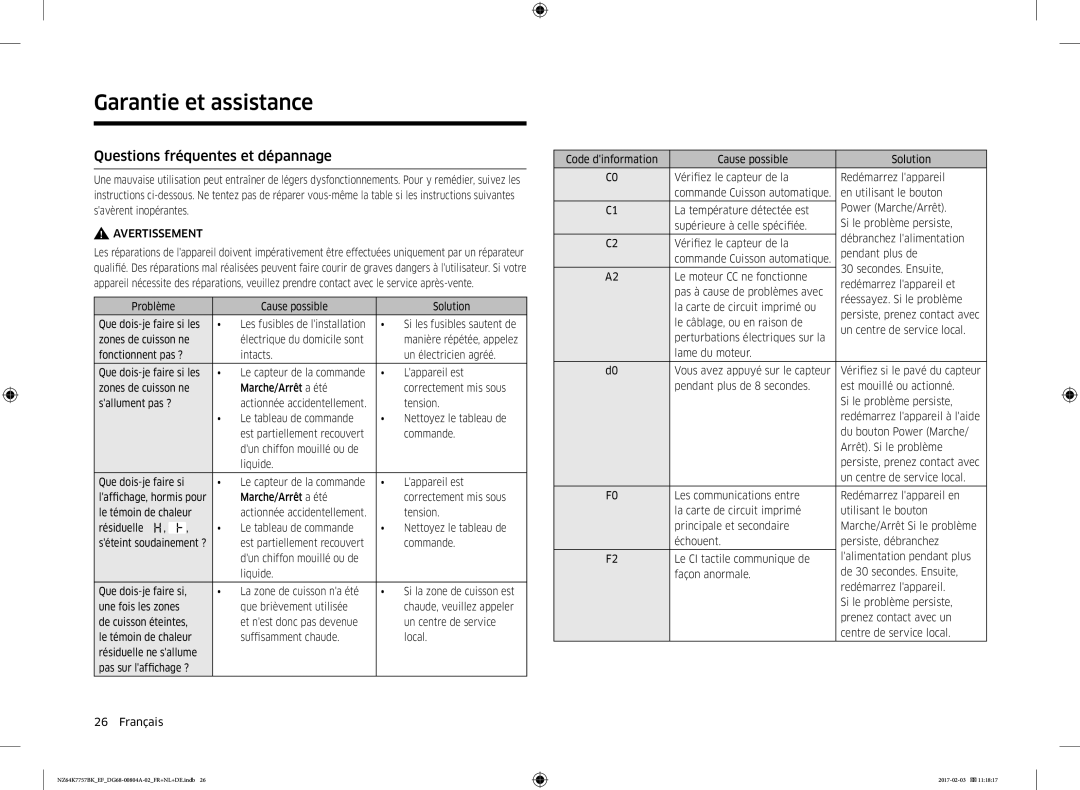 Samsung NZ64K7757BK/EG, NZ64K7757BK/EF manual Garantie et assistance, Questions fréquentes et dépannage 