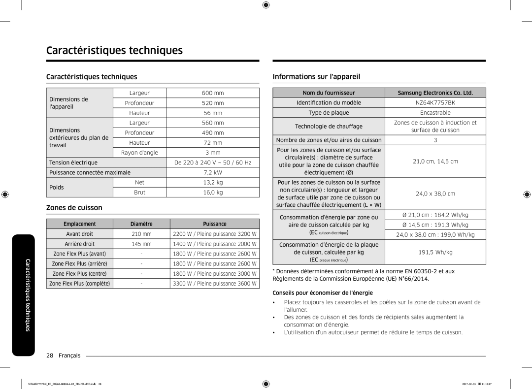 Samsung NZ64K7757BK/EG, NZ64K7757BK/EF manual Caractéristiques techniques, Informations sur lappareil 