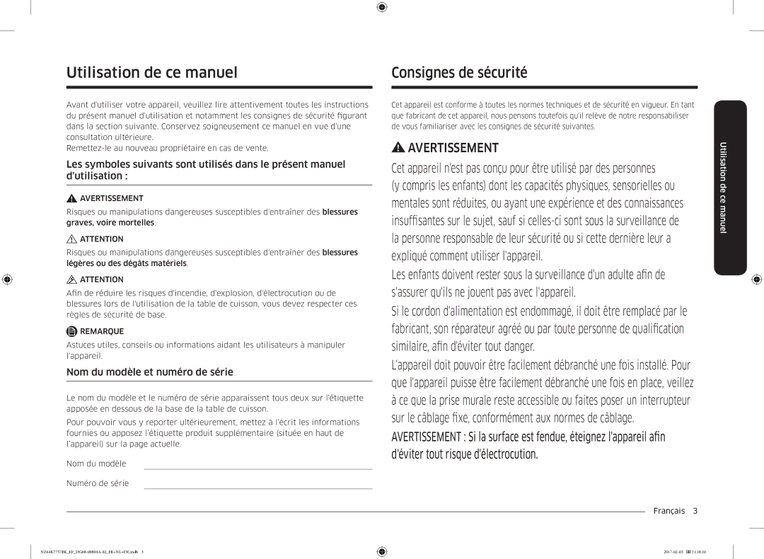 Samsung NZ64K7757BK/EF, NZ64K7757BK/EG Utilisation de ce manuel, Consignes de sécurité, Nom du modèle et numéro de série 