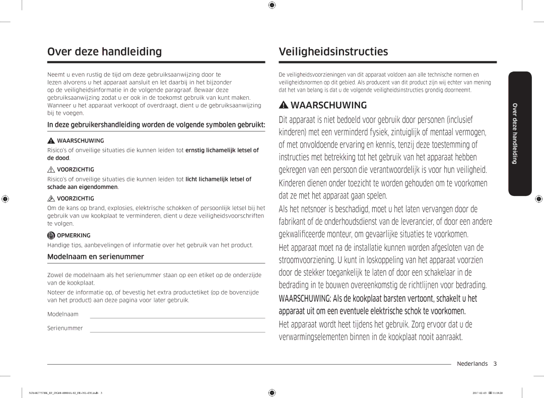 Samsung NZ64K7757BK/EF, NZ64K7757BK/EG manual Over deze handleiding, Veiligheidsinstructies, Modelnaam en serienummer 