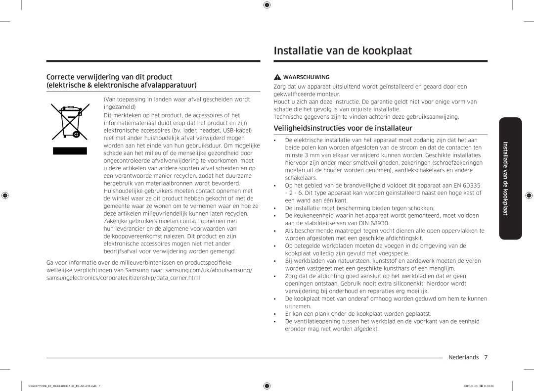 Samsung NZ64K7757BK/EF, NZ64K7757BK/EG manual Installatie van de kookplaat, Veiligheidsinstructies voor de installateur 