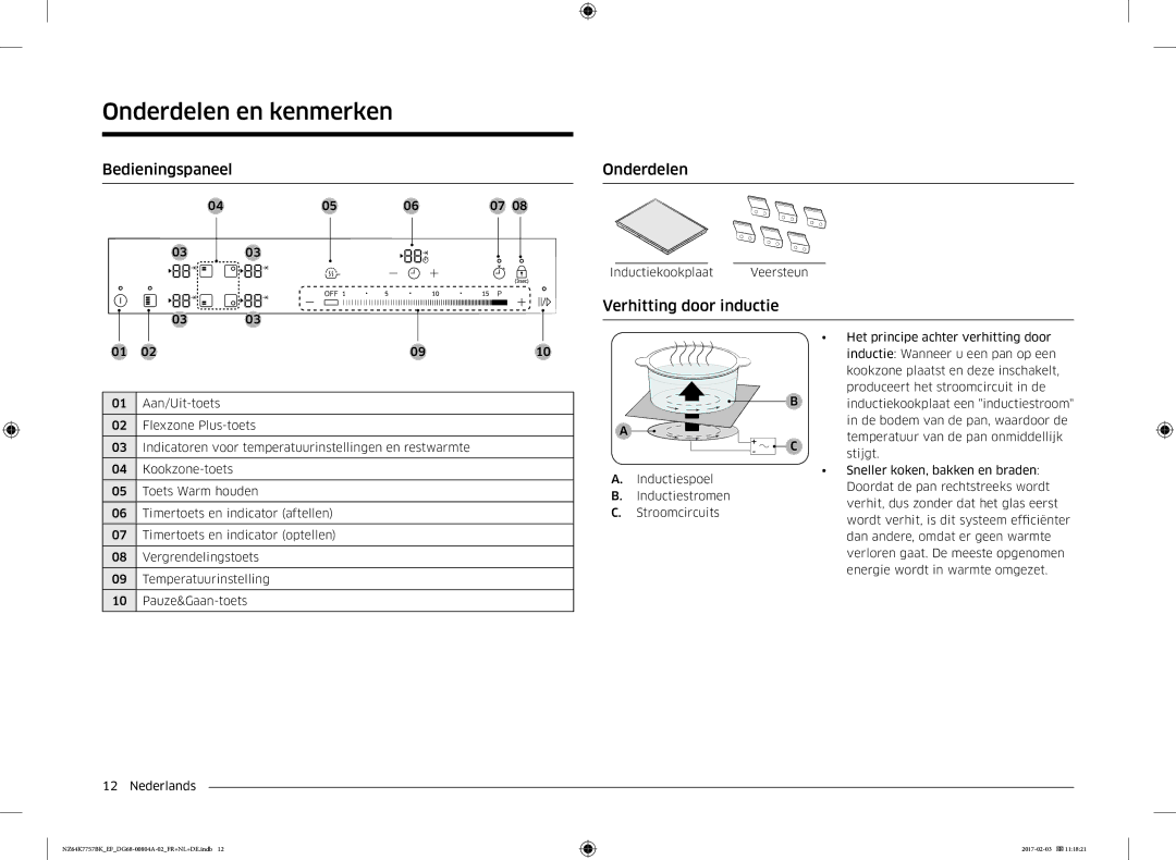 Samsung NZ64K7757BK/EG, NZ64K7757BK/EF manual Bedieningspaneel Onderdelen, Verhitting door inductie 