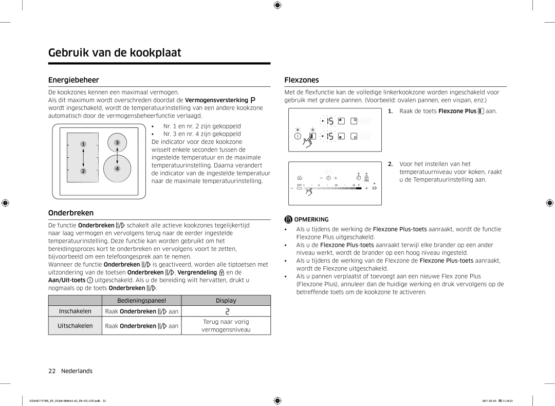 Samsung NZ64K7757BK/EG, NZ64K7757BK/EF manual Energiebeheer, Flexzones, Onderbreken 