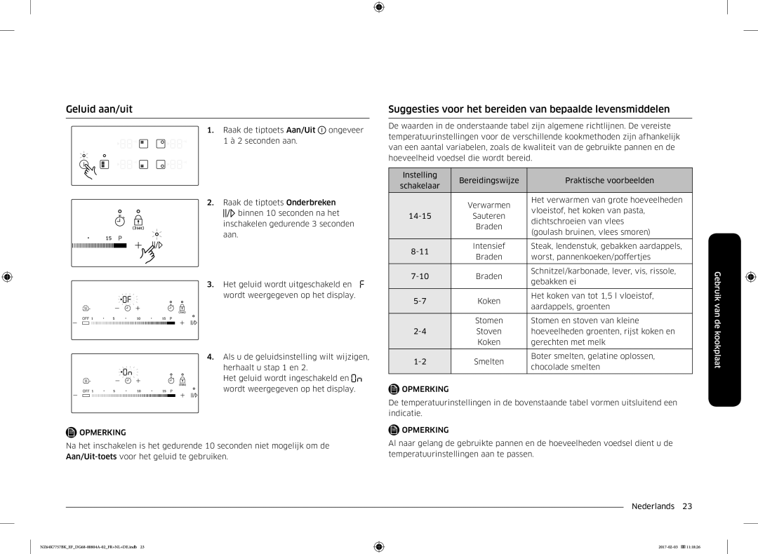 Samsung NZ64K7757BK/EF, NZ64K7757BK/EG manual Geluid aan/uit, Suggesties voor het bereiden van bepaalde levensmiddelen 