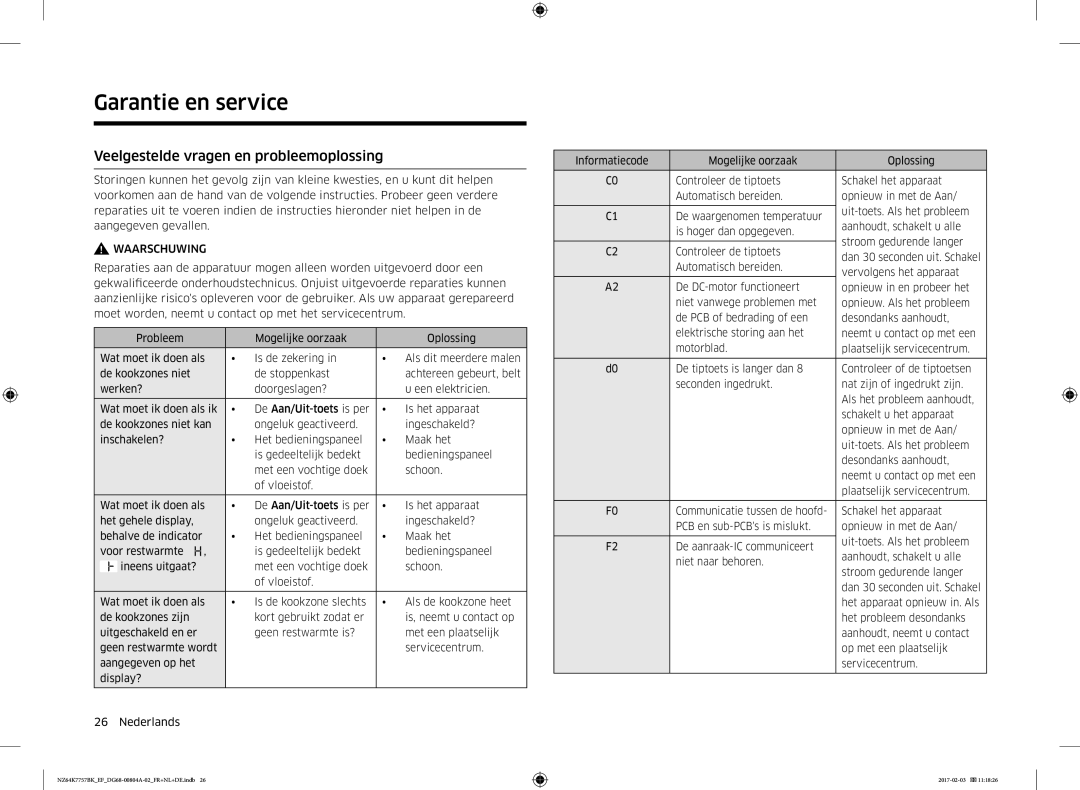 Samsung NZ64K7757BK/EG, NZ64K7757BK/EF manual Garantie en service, Veelgestelde vragen en probleemoplossing 