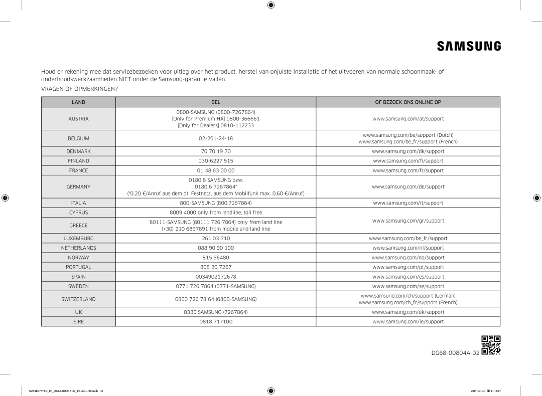 Samsung NZ64K7757BK/EG, NZ64K7757BK/EF manual Vragen of OPMERKINGEN? 