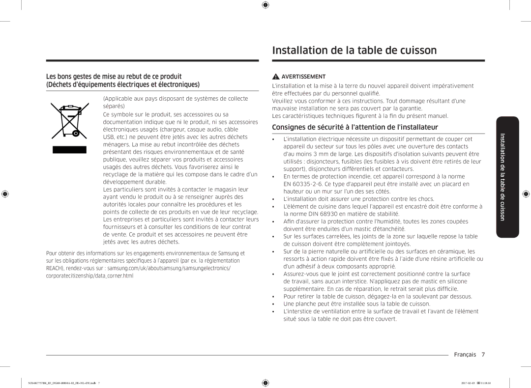 Samsung NZ64K7757BK/EF manual Installation de la table de cuisson, Consignes de sécurité à lattention de linstallateur 