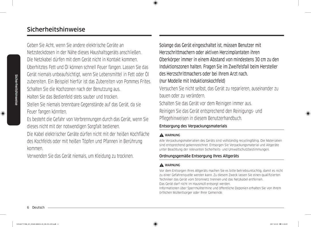 Samsung NZ64K7757BK/EG, NZ64K7757BK/EF manual Entsorgung des Verpackungsmaterials, Ordnungsgemäße Entsorgung Ihres Altgeräts 