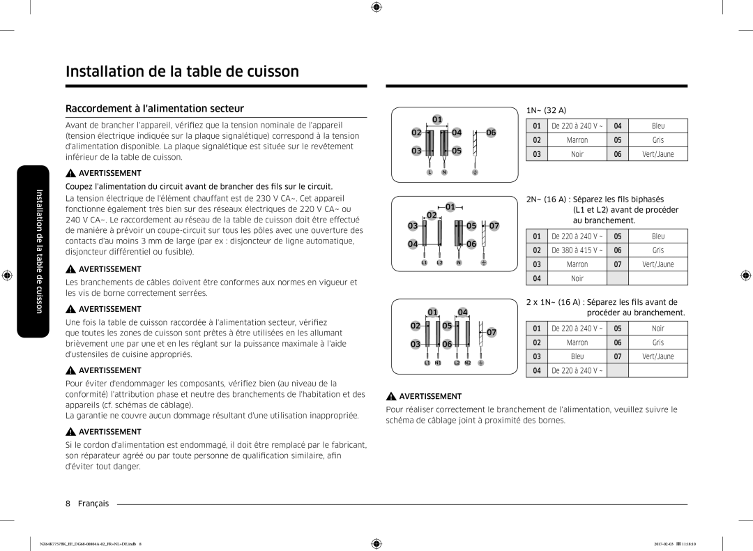 Samsung NZ64K7757BK/EG, NZ64K7757BK/EF manual Raccordement à lalimentation secteur 