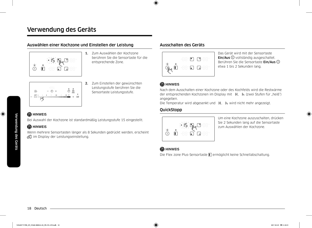 Samsung NZ64K7757BK/EG manual Auswählen einer Kochzone und Einstellen der Leistung, Ausschalten des Geräts, QuickStopp 