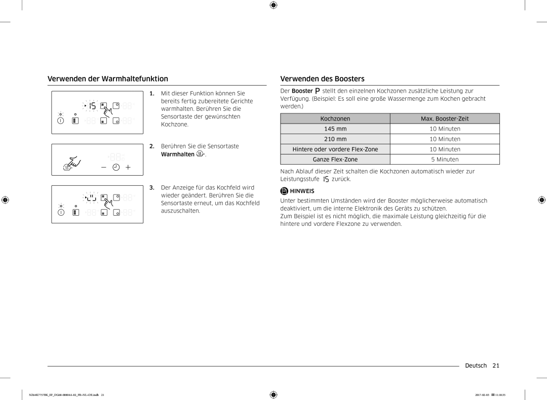 Samsung NZ64K7757BK/EF, NZ64K7757BK/EG manual Verwenden der Warmhaltefunktion, Verwenden des Boosters 