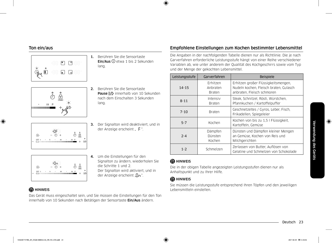 Samsung NZ64K7757BK/EF, NZ64K7757BK/EG manual Ton ein/aus, Empfohlene Einstellungen zum Kochen bestimmter Lebensmittel 