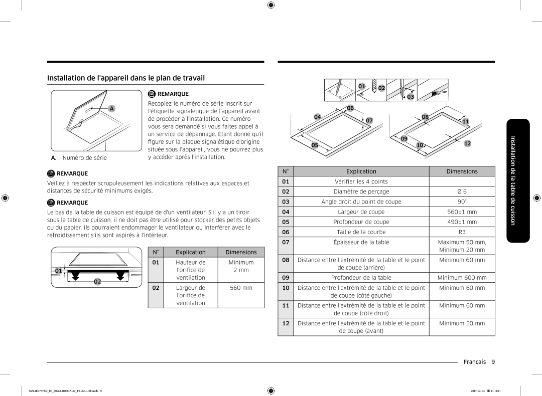 Samsung NZ64K7757BK/EF, NZ64K7757BK/EG manual Installation de lappareil dans le plan de travail 