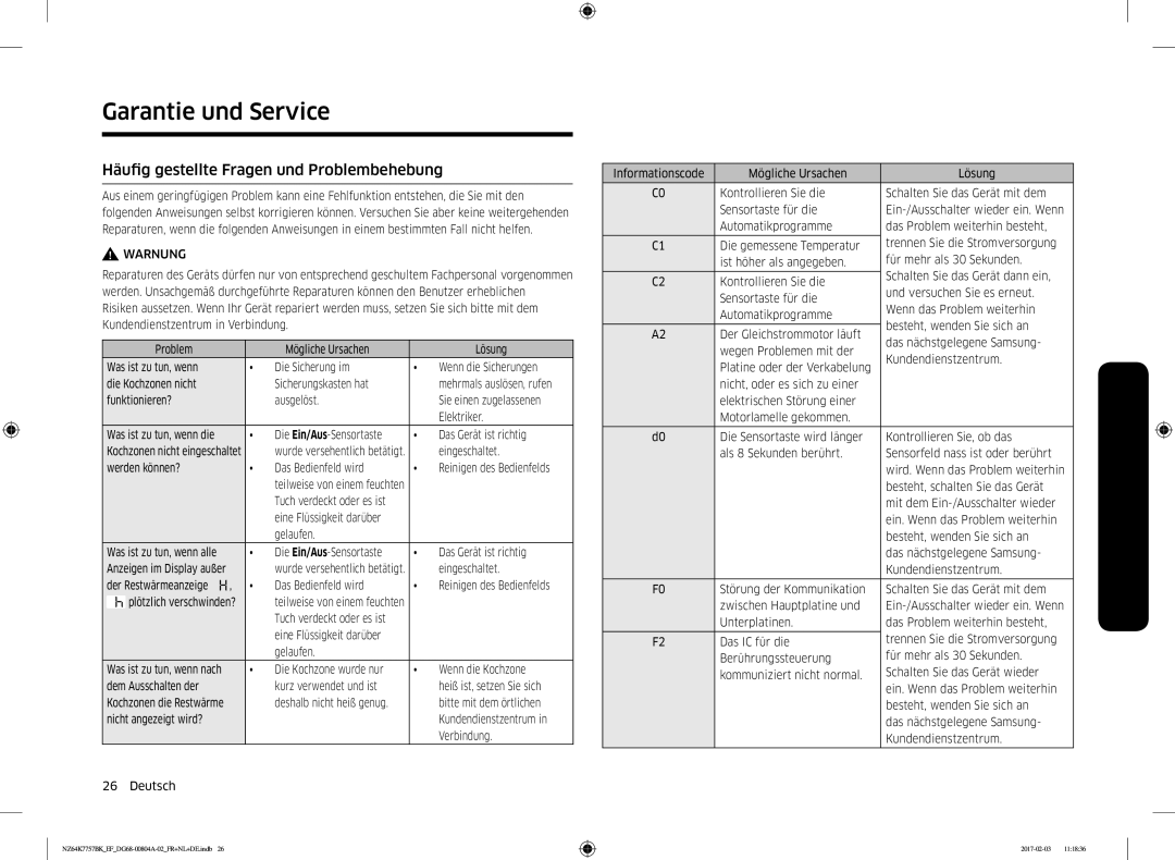 Samsung NZ64K7757BK/EG, NZ64K7757BK/EF manual Garantie und Service, Häufig gestellte Fragen und Problembehebung 