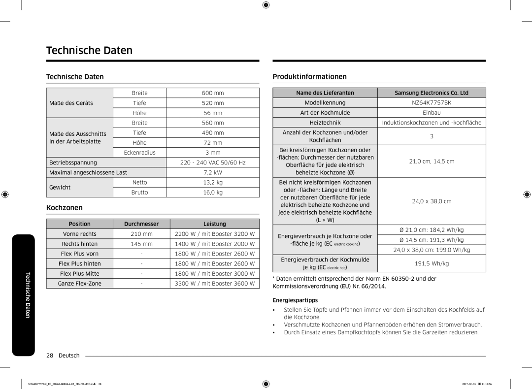 Samsung NZ64K7757BK/EG, NZ64K7757BK/EF manual Technische Daten, Produktinformationen 