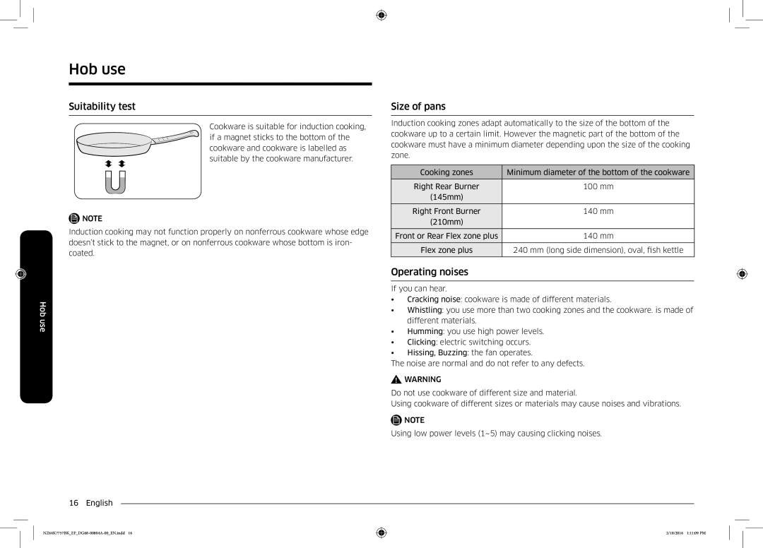 Samsung NZ64K7757BK/EG, NZ64K7757BK/EF manual Suitability test, Size of pans, Operating noises 