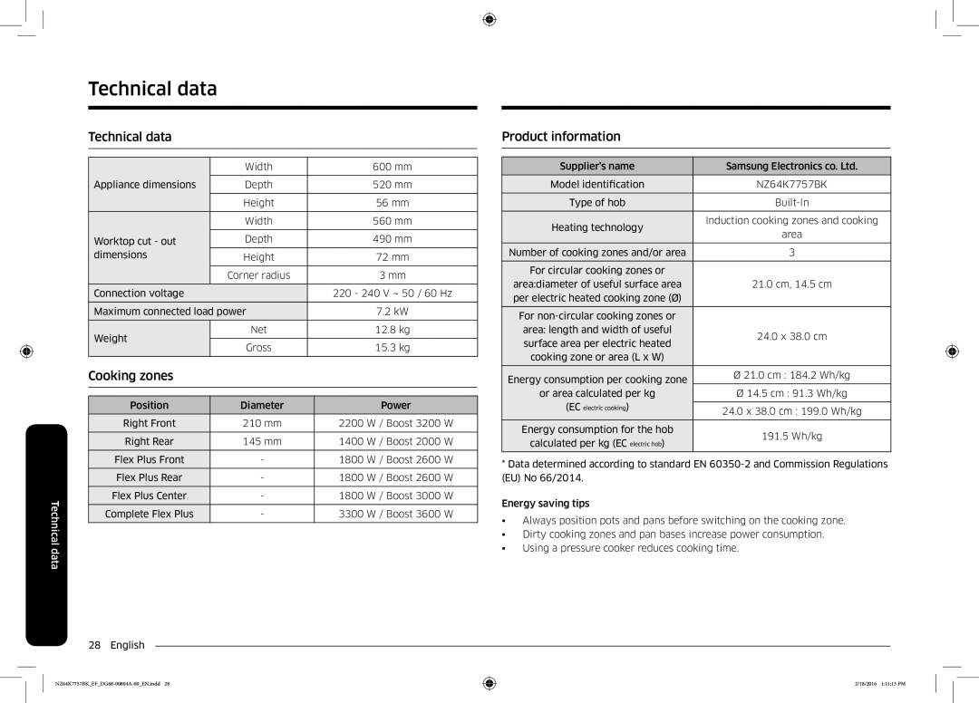 Samsung NZ64K7757BK/EG, NZ64K7757BK/EF manual Technical data, Product information 